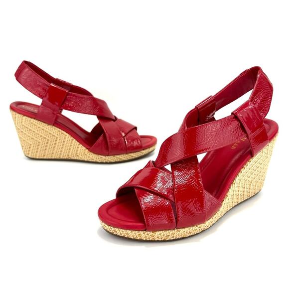 Cole Haan Platform Wedge Sandal Size 9.5 Red Leather Beige Jute Sling Back Comfy - Picture 1 of 16